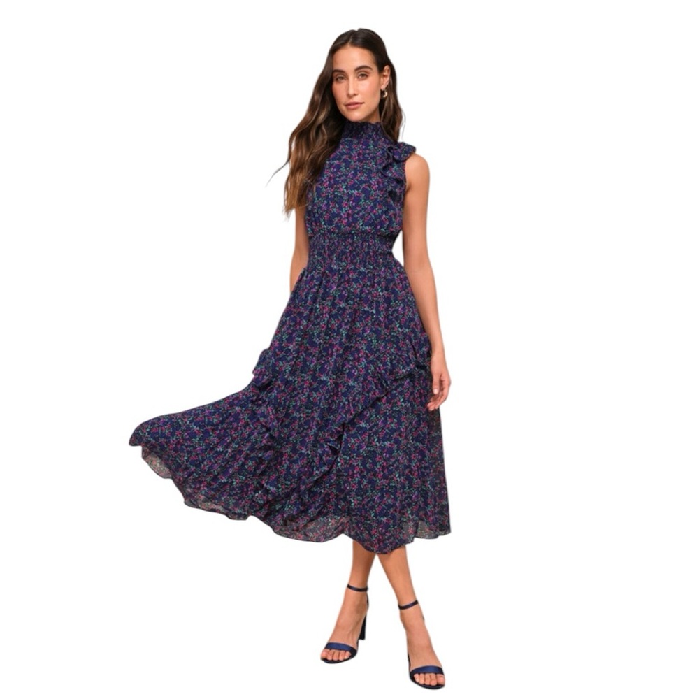 Lulus - NWT Evalina Navy Floral Mock Neck Ruffle Smocked Waist Midi Dress Sz XL